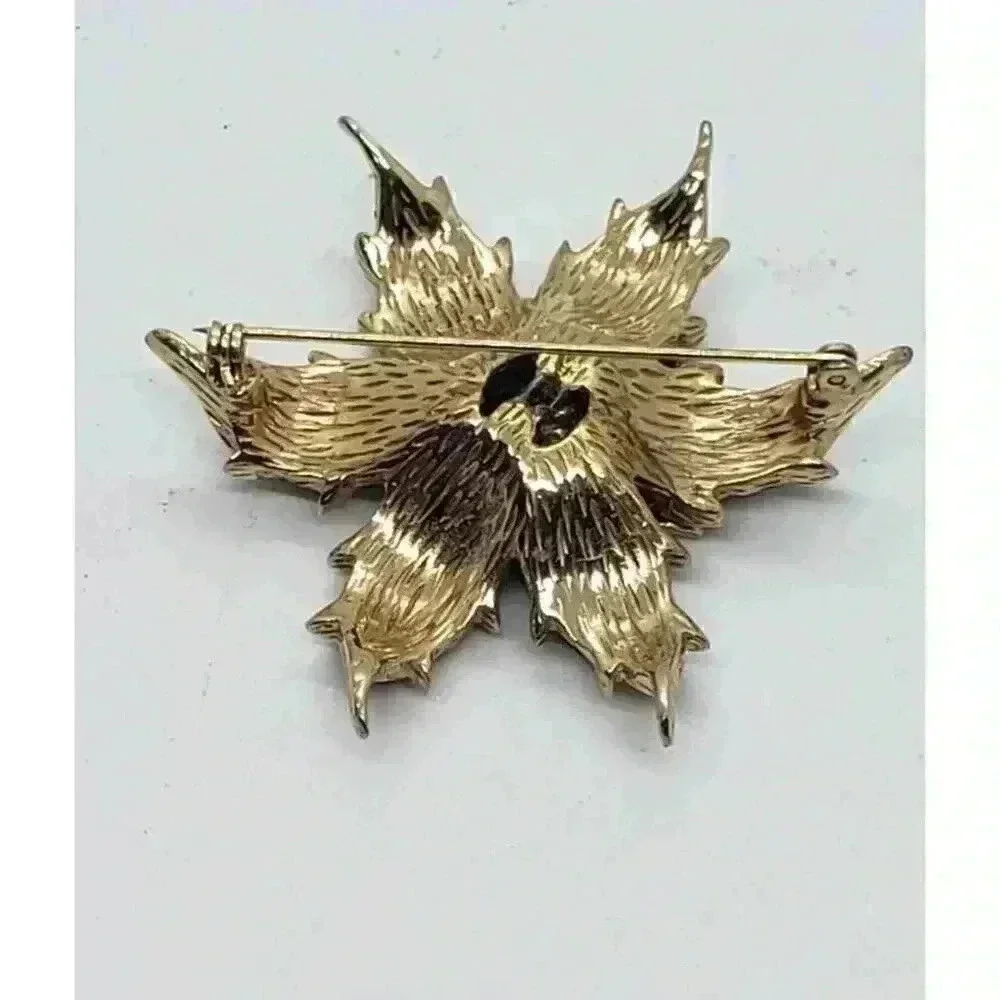 Vintage Flower Brooch Gold With Green & Blue Rhinestones & Cabochon Figural